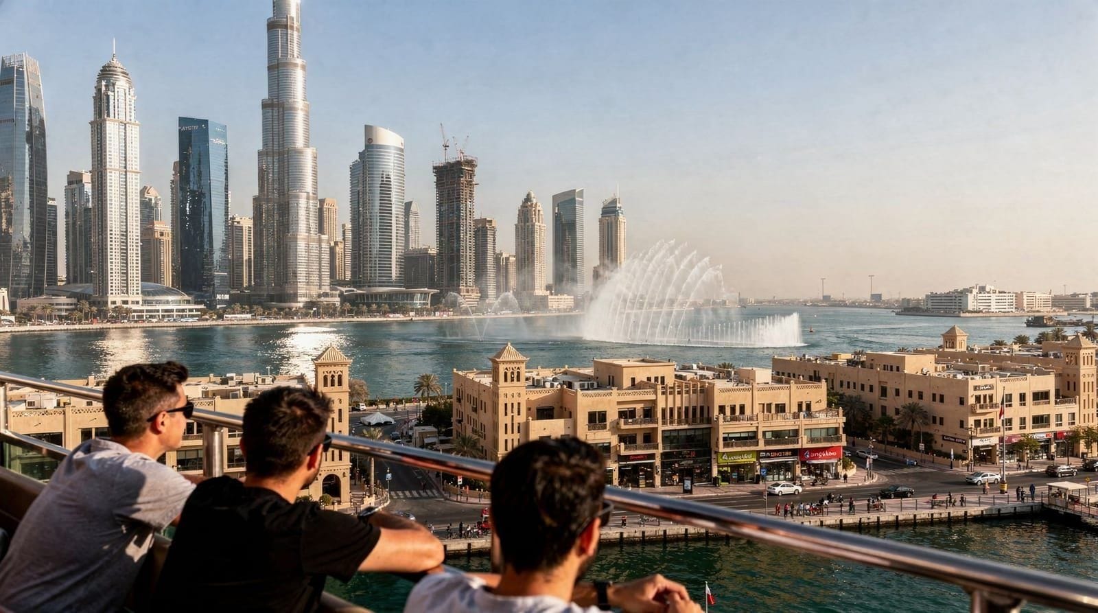 Dubai night tours: evening skyline tours and the fountain show — Evening touring options in Dubai, from fixed skyline bus tours to the free Dubai