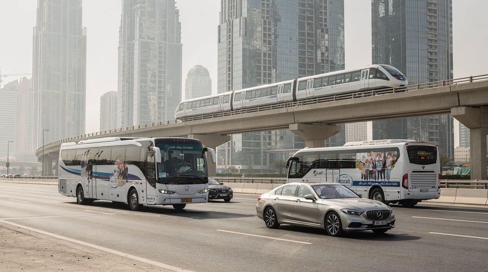 Dubai to Abu Dhabi transport: bus, car, and tour options — E100/E101 intercity bus, self-driving the E11, and guided tour options between D
